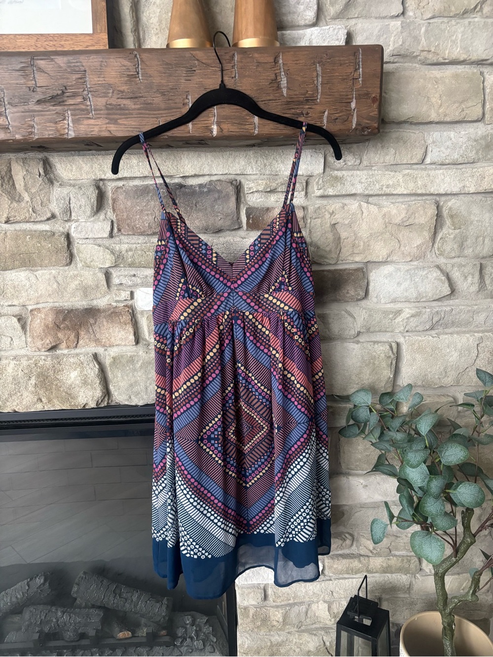 American Eagle Outfitters Navy Dress with Pink & Yellow Geometric Print